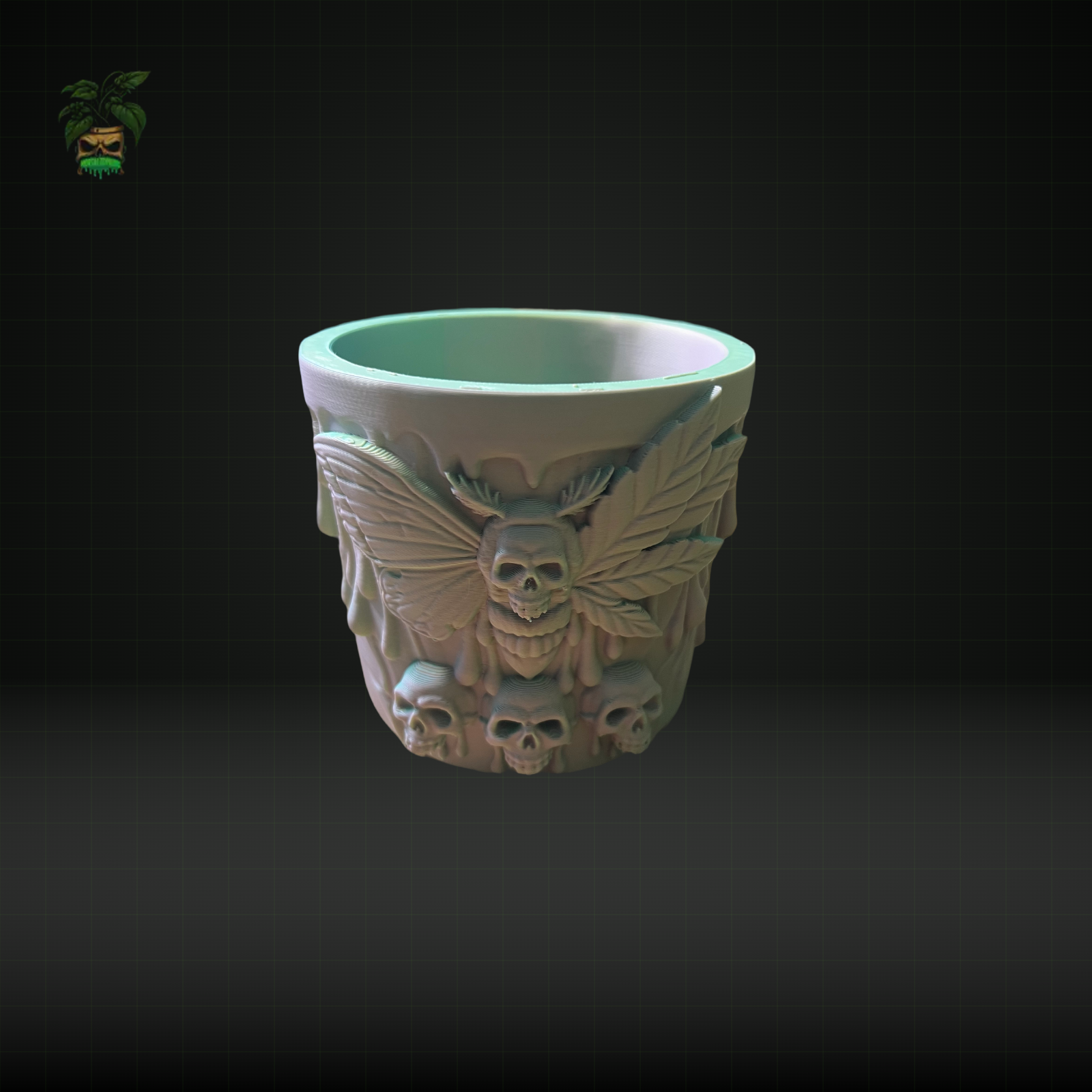 818 - 3D-Printed Decorative Pot with Skull and Leaf Design